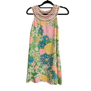 Lilly Pulitzer Green Floral Flamingo A Line Sleeveless Summer Dress Women XS
